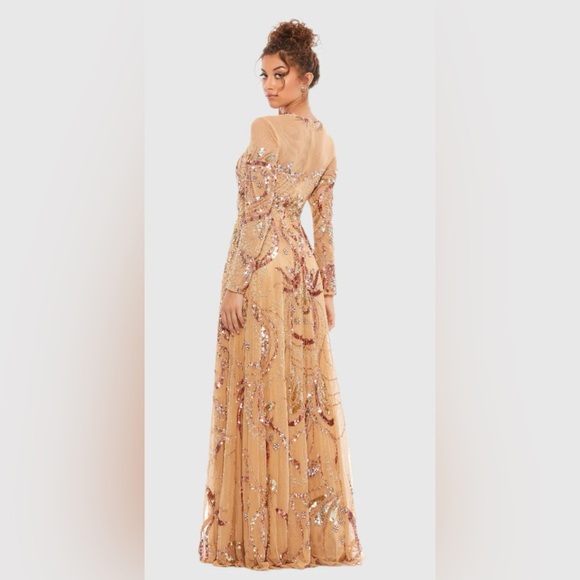 NWT | Mac Duggal 5217 Long Sleeve Embellished Evening Gown - Caramel | Size 12 - Picture 3 of 11